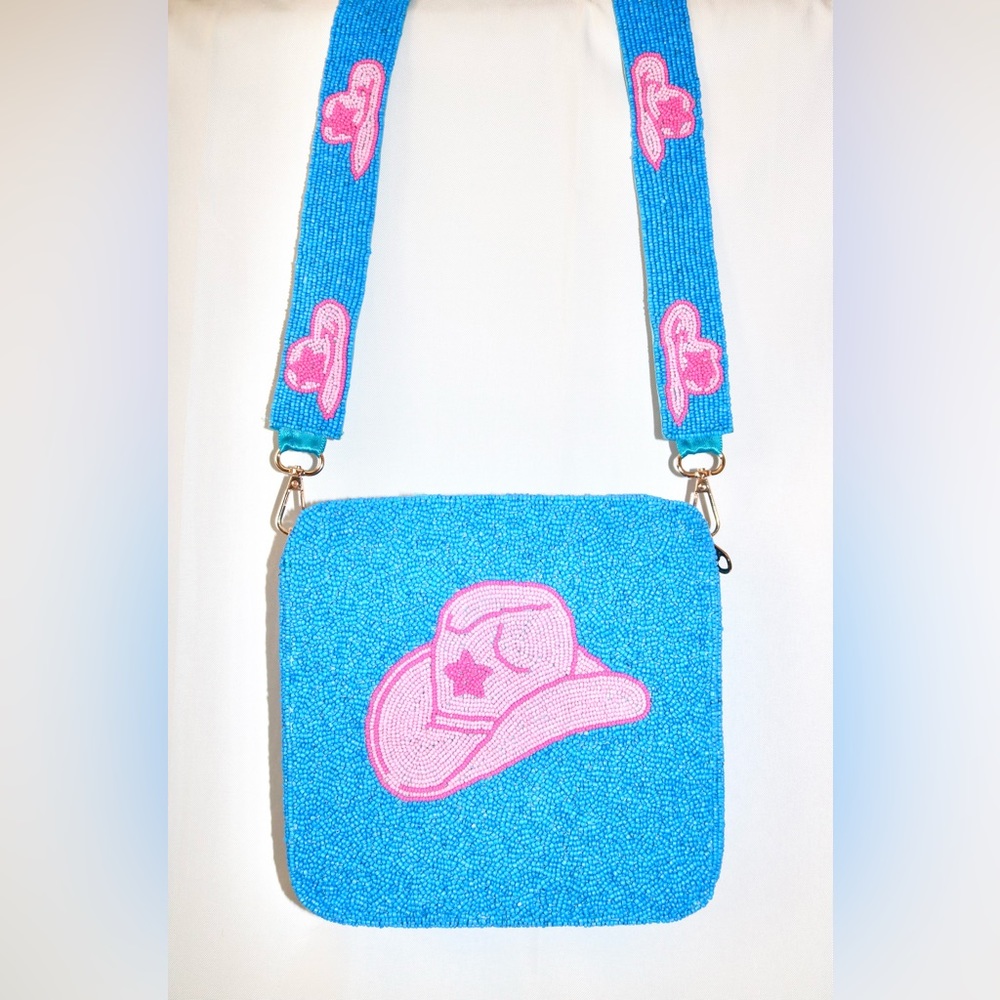 NEW BOUTIQUE HANDMADE BEADED CROSSBODY BAG PREPPY, BLUE COWBOY HAT DESIGN